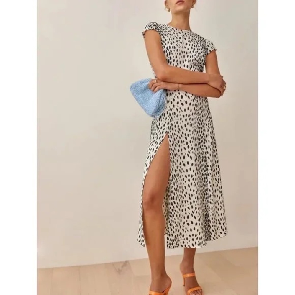 Reformation Gavin Dress, Black and White Cheetah, Midi dress with cap sleeves